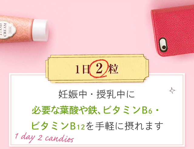 1日2粒 妊娠中・授乳中に必要な葉酸や鉄、ビタミンB６・ビタミンB12を手軽に摂れます