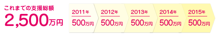 これまでの支援総額2,500万円　2011年:500万円、2012年:500万円、2013年:500万円、2014年:500万円、2015年:500万円